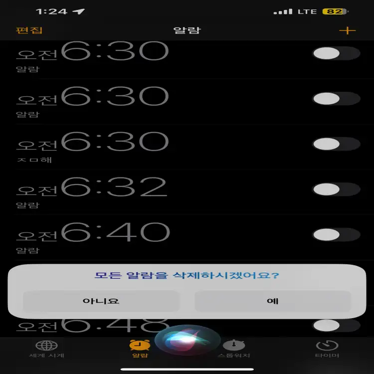 시리에게-아이폰-알람-모두-다-전체-삭제를-요구한-뒤의-모습