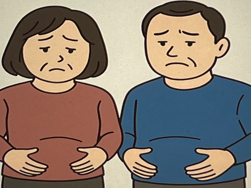 뱃살만-나오는-이유에-대해-고민중인-중년-여성과-중년-남성