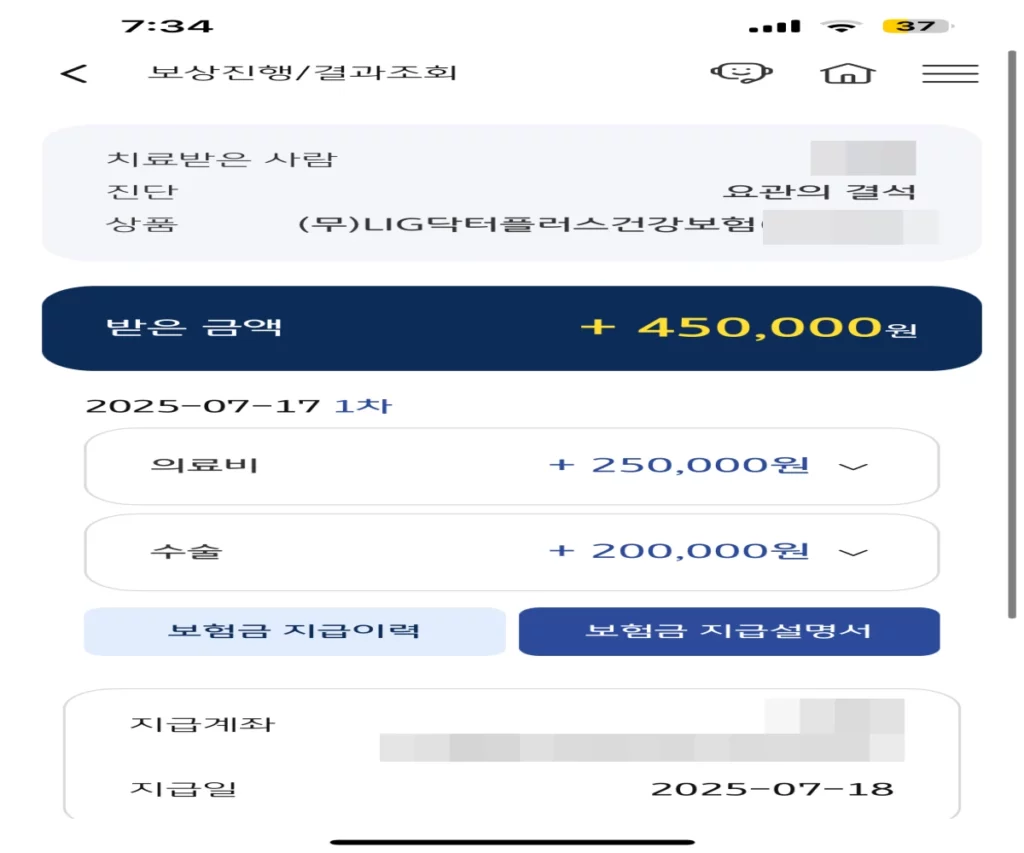 요로결석-실비-보험-청구-결과-내역