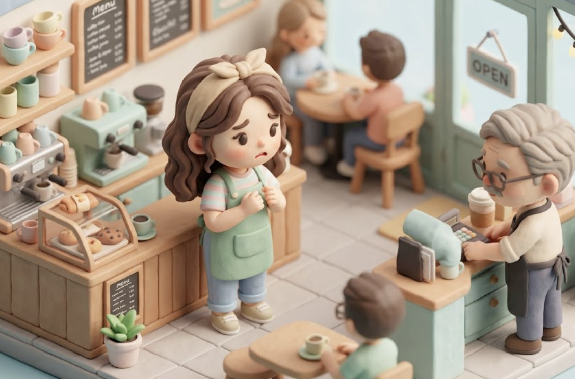 알바를 그만둬야 하는데 멘트가 생각이 안나 고민하고있는 여성